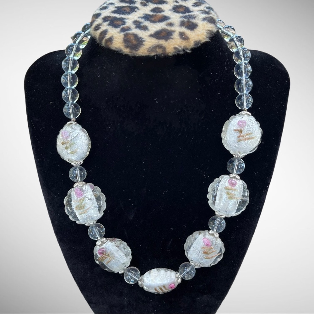 Crystal Beads Hand Blown Glass Roses Necklace